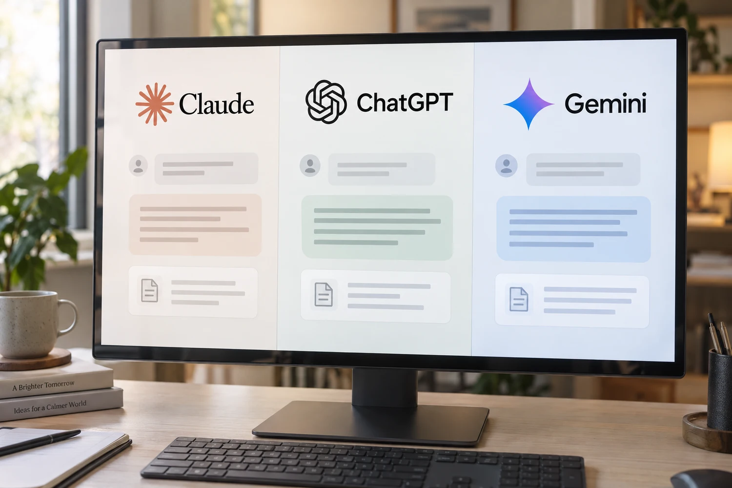 Conceptual computer screen showing Claude, ChatGPT and Gemini side by side