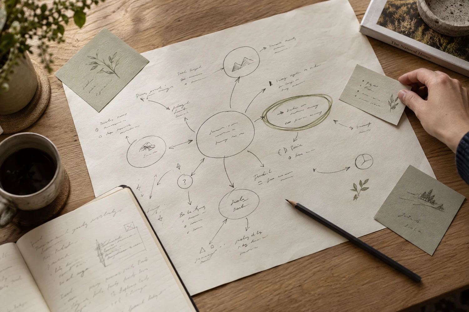 Conceptual strategy workspace with a decision map, planning cards and a notebook
