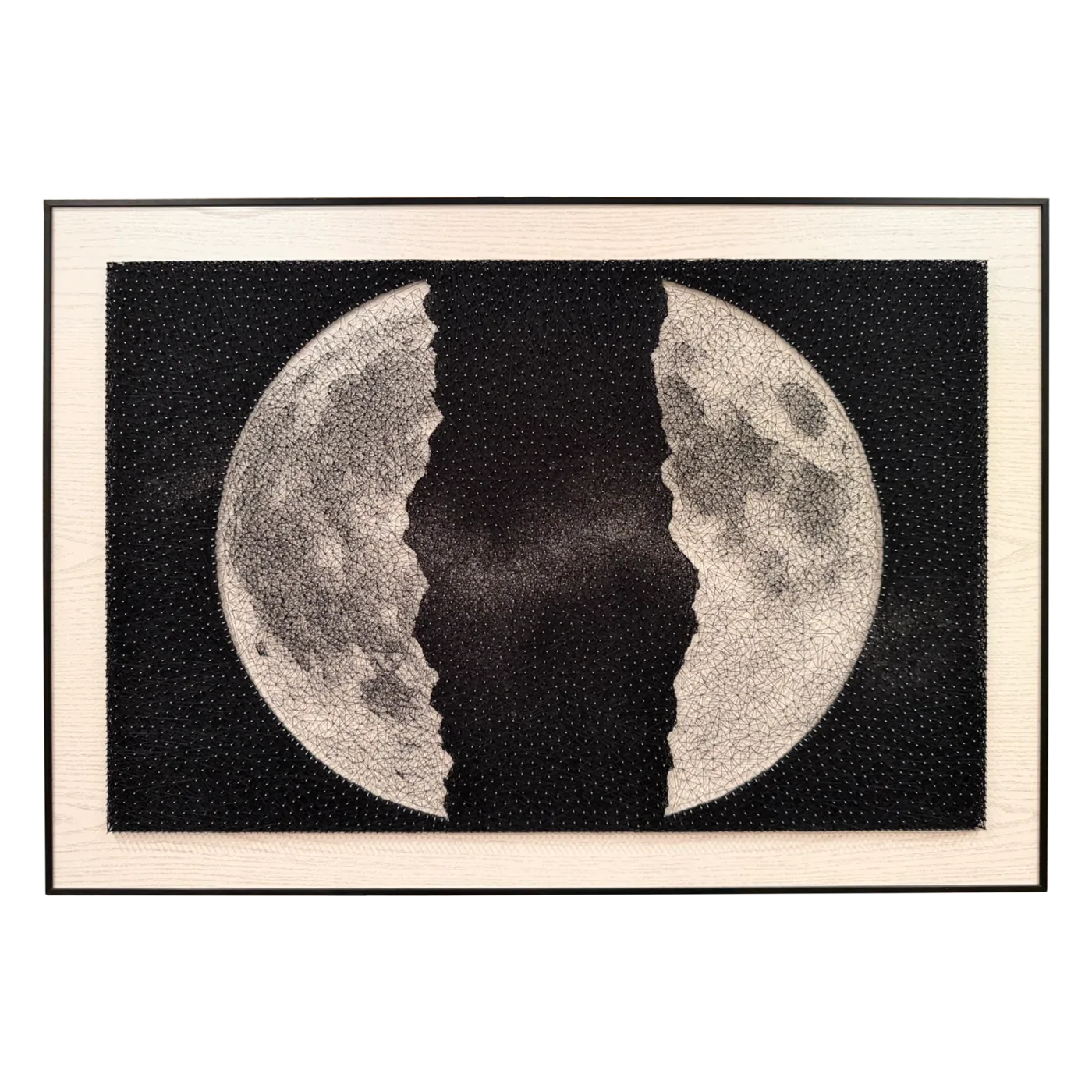 A framed pale moon in two halves, made visible against black thread